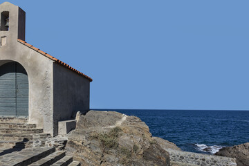 Chapelle Saint-Vincent located on a former island where, according to legend, Saint Vincent suffered martyrdom in 303. Chapel built in 1701. Mediterranean Sea, Collioure, Pyrenees-Orientales, France.