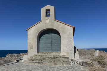 Fototapeta na wymiar Chapelle Saint-Vincent located on a former island where, according to legend, Saint Vincent suffered martyrdom in 303. Chapel built in 1701. Mediterranean Sea, Collioure, Pyrenees-Orientales, France.