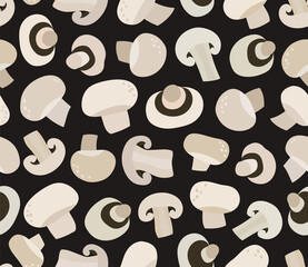 Seamless pattern of champignon on black background. Hand-drawn champignon pattern. Trendy vegan food background for textile, fabric, paper. Suitable for illustrating healthy eating, local farm, recipe