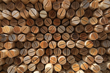 The cross section of wood is in a factory warehouse.