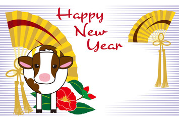 Cute Cow Happy New Year Greeting Card with Japanese Traditional Fun, Camellia Japonica Flowers, True Lover's Knot