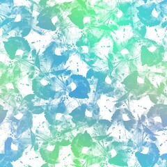 Seamless satin soft pastel color leaves pattern. High quality illustration. Beach or resort wear design of leaves in fuzzy turquoise and white. Repeat raster jpg pattern design.