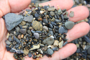 手に乗せた、海岸の砂利