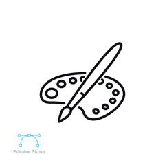 Brush, pallet color line icon. Paint brush with color palette. Watercolor for drawing sketch, artist equipment. Artistic brush. Editable stroke Vector illustration. Design on white background. EPS 10