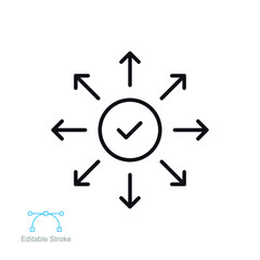 Distribution and launch line icon. Product release marketing. Success networking, check mark button with arrow spreading. outline pictogram. Vector illustration. Design on white background. EPS 10