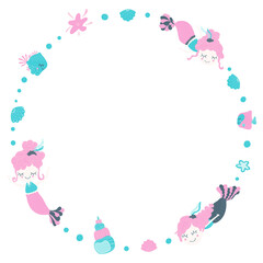 Cute round frame of amazing lovely girls mermaids with bubbles, seashells, fishes and starfish. Cartoon magical underwater world on a white background. Place for text. Copy space. Vector.