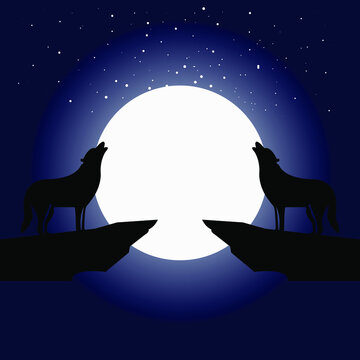 Wolf howls to the full moon in a starry night vector illustration EPS10