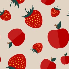 Vector seamless pattern with icons of whole apples, strawberries with stem on pastel background. Flat minimalistic illustration. Artwork for packaging design of juice, baby food, jam, jelly, textile.