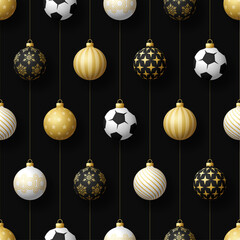 Merry Christmas football seamless pattern. Hang on a thread realistic soccer ball as a Christmas ball on black horizontal background. Sport Vector illustration.