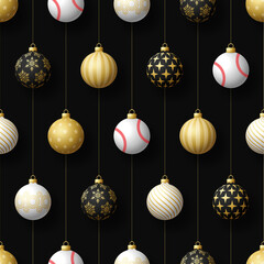 Merry Christmas baseball seamless pattern. Hang on a thread realistic baseball ball as a Christmas ball on black horizontal background. Sport Vector illustration.