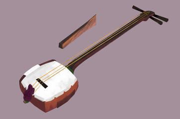 Illustration of Shamisen, (or Sangen) a Japanese traditional musical instrument of folk music. (Ryukyu-sanshin). Isolated on background color. Japan and China song.