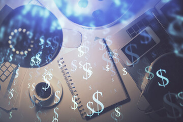 Multi exposure of forex chart drawing and work table top veiw. Concept of financial analysis.