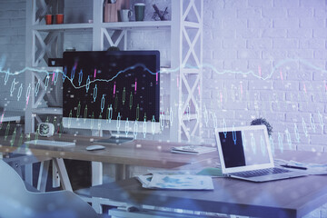 Double exposure of financial graph drawing and office interior background. Concept of stock market.