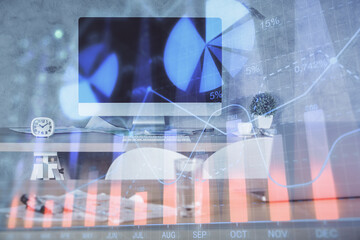 Multi exposure of financial graph drawing and office interior background. Concept of market analysis.