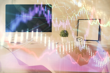 Multi exposure of stock market chart drawing and office interior background. Concept of financial analysis.