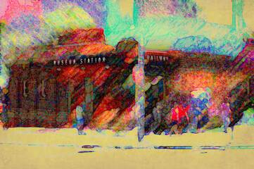 Abstract painting of the outside of Museum Train Station