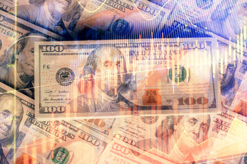 Multi exposure of forex chart drawing over us dollars bill background. Concept of financial success...