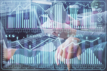 Double exposure of man and woman working together and forex chart hologram. Business concept. Computer background.