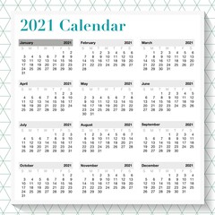 Calendar 2021 on white geometric texture background. New Year calendar 2021 template background