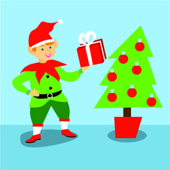 Christmas elf with present flat vector illustration