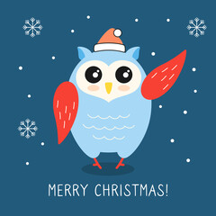 Greeting card Christmas owl. New year bird in Santa Claus hat, with snow. Hand drawn cartoon character. Merry Christmas and happy New Year. Vector on dark background