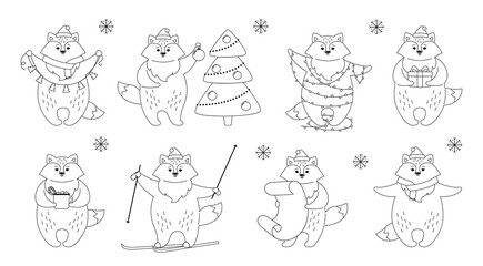 Fototapeta premium Christmas fox cartoon black linear set. New Year cute red foxes with santa hat, with gift box, skis and santa bag or tree garland. Funny animal character winter celebrate on white background