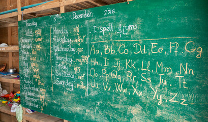 Blackboard in a classroom of an orphan school in Siem Reap, Cambodia