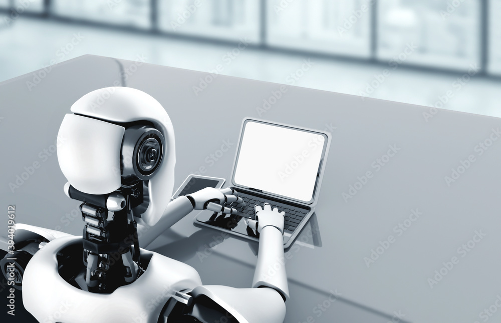Aufkleber robot humanoid use laptop and sit at table in future office while using ai thinking brain , artifici
