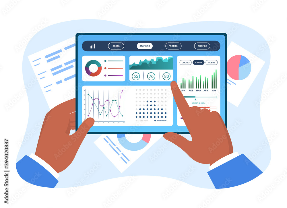 Poster hands holding tablet with infographics for economic statistics. concept of digital smart managment d