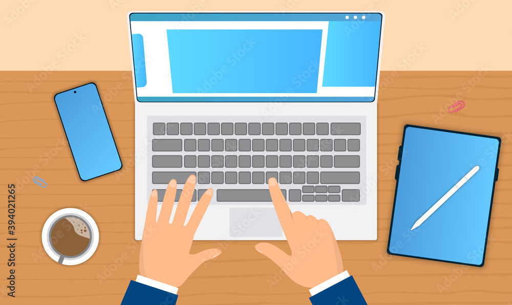 Poster hands typing on laptop keyboard. top view. concept of organizing workspace in order to maintain on h