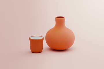 3D illustration of decorative ceramic, clay object. Brown jug, vase and cup. In Brazilian culture called Moringa. 