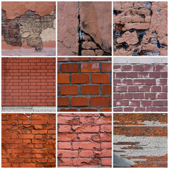 Collection of backgrounds with brick walls. Set of masonry textures. Surfaces of old weathered rough brickwork.