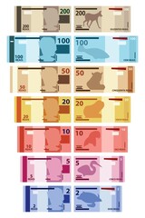 Brazilian Main Real banknotes colored.