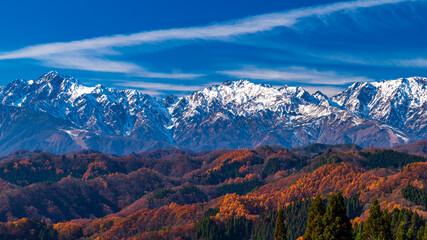 北アルプスの山々と紅葉