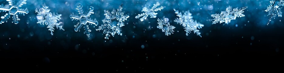 Cold winter snowflakes falling with sparkling falling snow and glittering blue background.