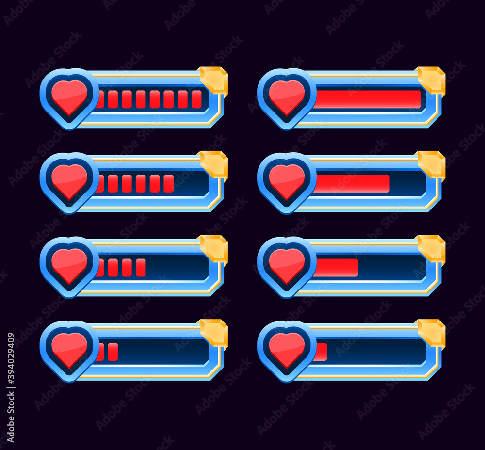 Poster set of game ui animate from low to full indicator heart, health, and life bar for gui asset elements