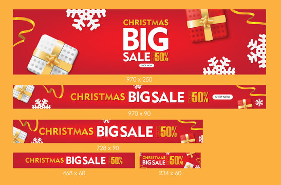 Christmas Big Sale Web Banners Red Background with Gift box, Snowflakes, and Ribbons Set