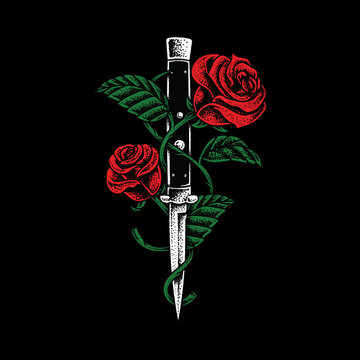 Knife and Roses Graphic Illustration Vector Art T-shirt Design