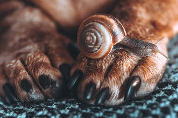 snail and dog. the snail grows on the brown paw of the animal. brown dog paws on a gray background....