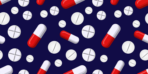 Seamless vector pattern of Red and white Capsule pill and a white pills isolated on dark blue background. Medicine creative concepts. illustration for pharmaceutical industry. vector eps10.