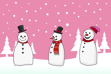 Set of cute snowman cartoon character vector Happy holiday in snowflakes background. Winter seasonal concept element