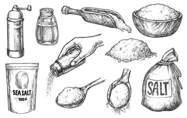 Kitchen salt baking or cooking spice ingredient sketch set. Handdrawn salting hand and crystal in heap, glass bottle, wooden spoon, sack, package, bowl vector illustration isolated on white background