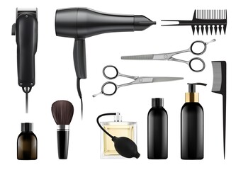 Barber and hairdresser professional tool for beauty salon. Realistic shaving machine, hair dryer, brush, perfume, scissors, shampoo, conditioner, comb vector illustration isolated on white background
