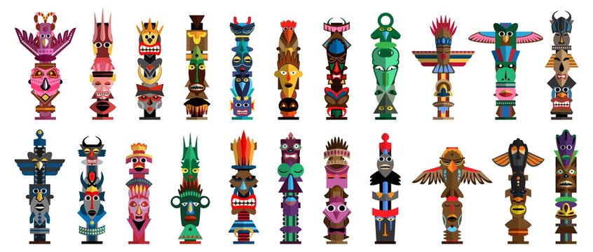 Ethnic indigenous tribal totem pole with tiki mask and eagle. Traditional ceremonial religious god figure for sacrifice and spiritualistic ritual vector illustration isolated on white background
