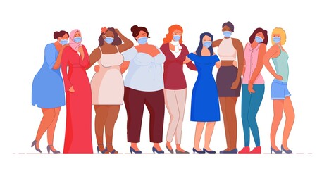 Multiethnic woman group wearing medical mask standing together. Global society unity at struggle with flu disease epidemic, coronavirus infection outbreak or air pollution vector illustration