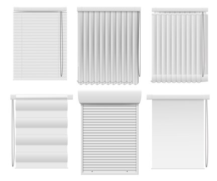 Horizontal Vertical Darkening Window Blind Curtain Set. Realistic Roller Jalousie Shutter For Office Or Home Design Interior And Privacy Protection Vector Illustration Isolated On White Background