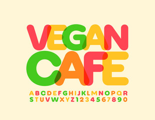 Vector bright sign Vegan Cafe. Colorful modern Font. Creative Alphabet Letters and Numbers.