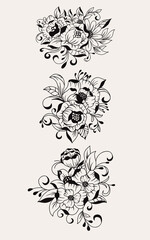 Set of Beautiful Hand drawn bouquet of flowers
