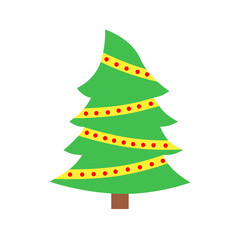 Christmas tree with a yellow ribbon as a symbol of a happy New year, a fun celebration of the Christmas holiday. Light jewelry sparkles. Bright shiny vector design illustration. Flat style.