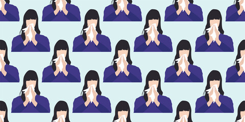 Seamless vector pattern of image a sneezing beauty womanisolated on a light blue background. Medicine creative concepts. illustration for pharmaceutical industry. vector illustration eps10.